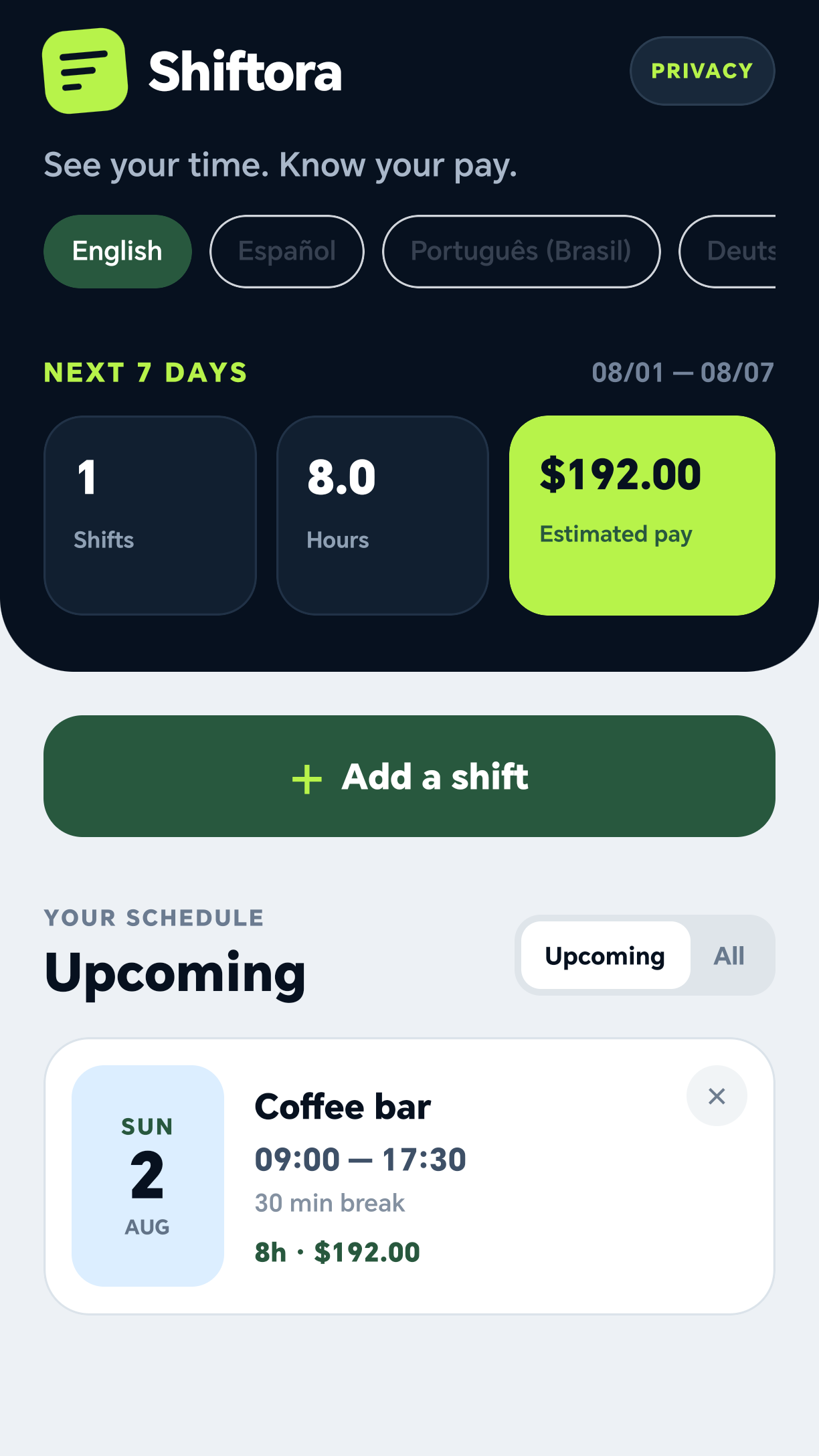 Shiftora schedule showing upcoming shifts, hours, and estimated pay